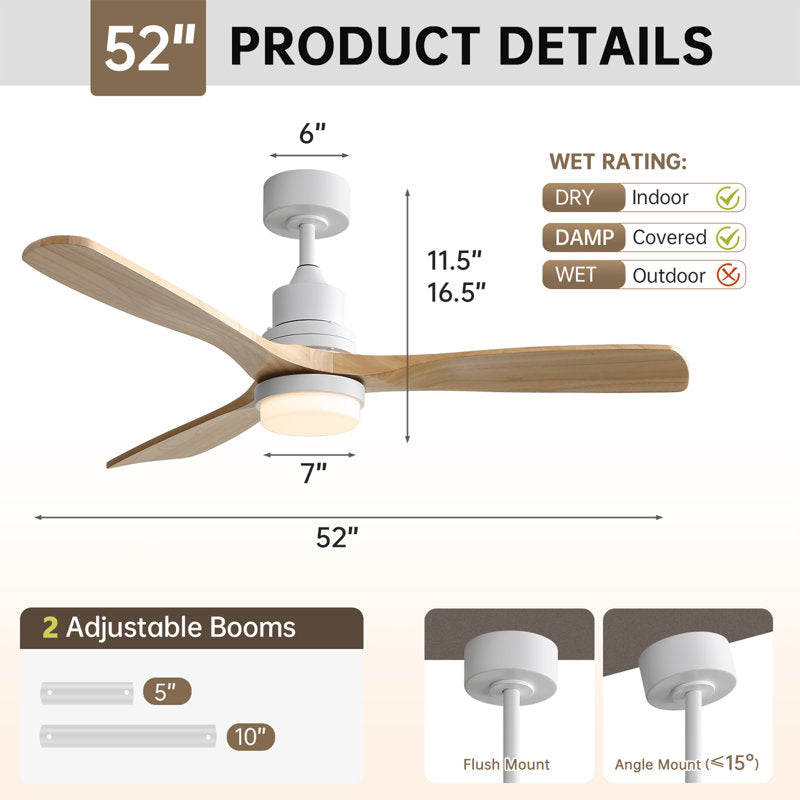 Kemp 52" 3 - Blade LED Modern Classic Ceiling Fan with Remote Control and Light Kit Included