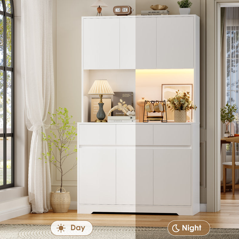 Armoire de cuisine Aybike de 180 cm de haut avec station de charge et éclairage LED, garde-manger autoportant avec 4 placards, 3 tiroirs et étagère pour micro-ondes, rangement de type vaisselier, étagères réglables