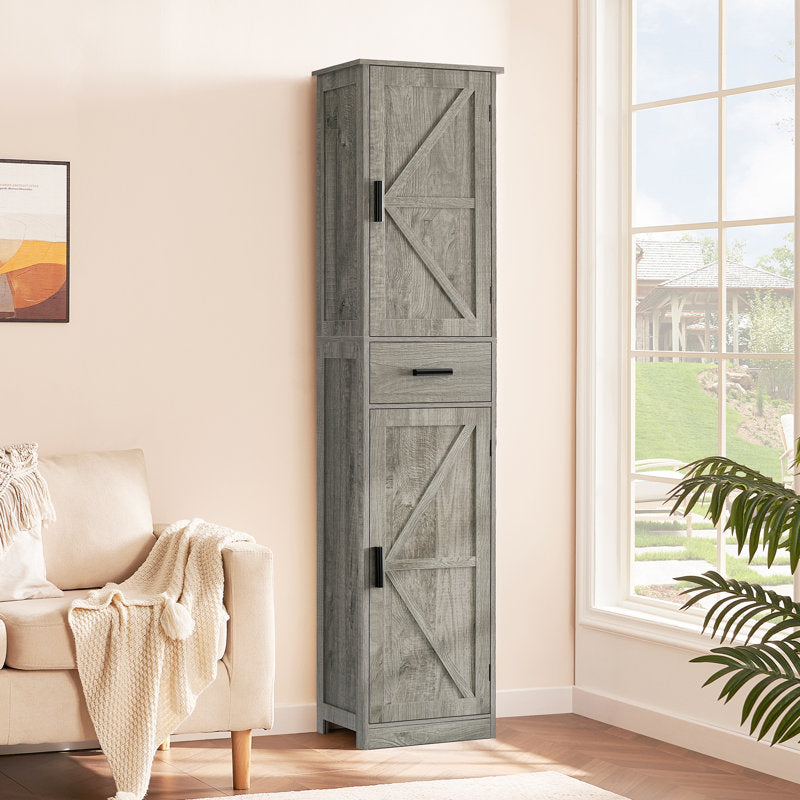 Armoire de salle de bain grise haute avec 4 étagères, 2 portes et 1 tiroir