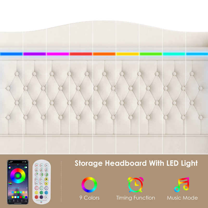 Lit plateforme Kaliya Queen en velours capitonné : tête de lit à oreilles avec éclairage LED et 2 tiroirs de rangement, cadre en bois massif, blanc king size