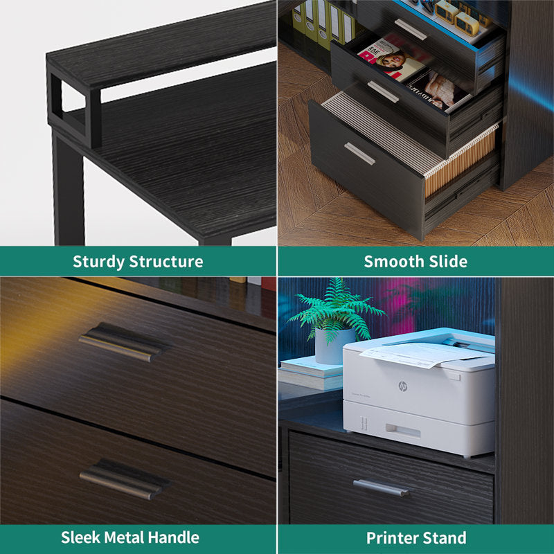 Bureau d'angle Jaemon avec lumières LED et 3 tiroirs