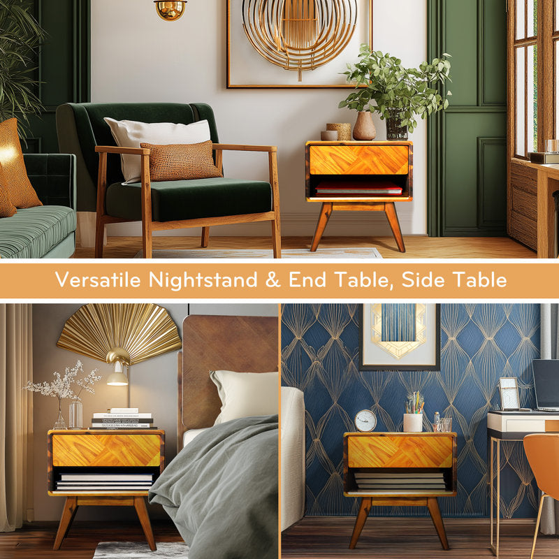 Laden solid acacia wood bedside table, bedside table with drawer and open shelf, Mid-Century Art Deco style end table