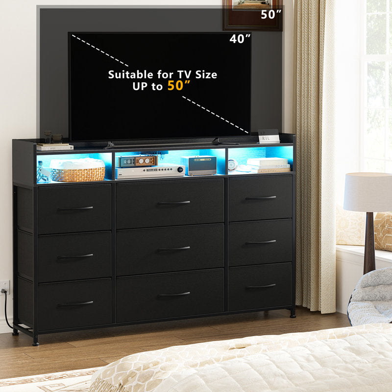 Commode Cheo à 9 tiroirs avec étagère ouverte à 2 niveaux, prise électrique et éclairage LED, commode de 43 pouces de largeur pour chambre à coucher (NOIR)