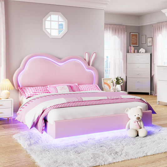 Cadre de lit flottant Zoomie Kids avec tête de lit LED réglable et revêtement en cuir, rose (taille standard)