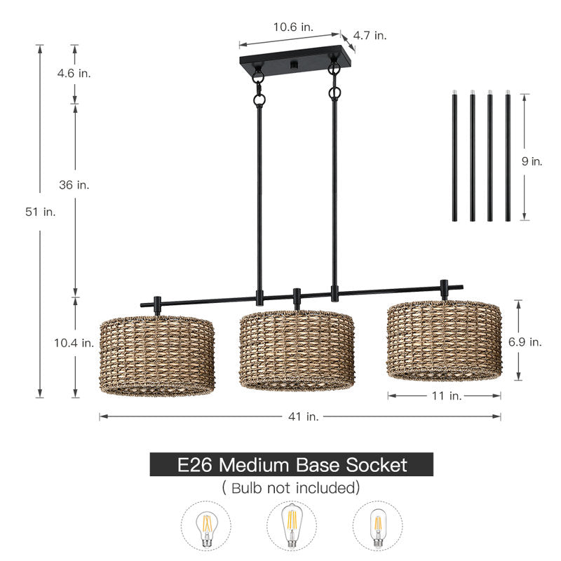 Lustre cylindrique Lannister à 3 lumières pour îlot de cuisine