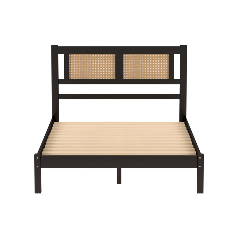 Wooden Platform Full Size Black Bed with Natural Rattan Headboard,Minimalist Elegance Charm for Bedroom