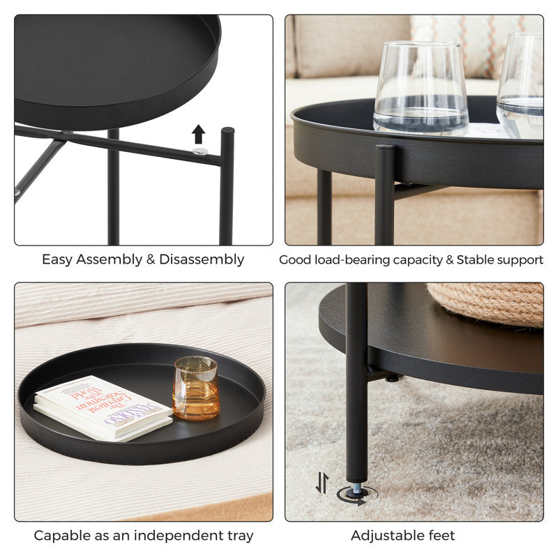 Black round tray table with features highlighted on a neutral background