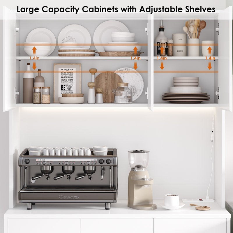 Armoire de cuisine Aybike de 180 cm de haut avec station de charge et éclairage LED, garde-manger autoportant avec 4 placards, 3 tiroirs et étagère pour micro-ondes, rangement de type vaisselier, étagères réglables