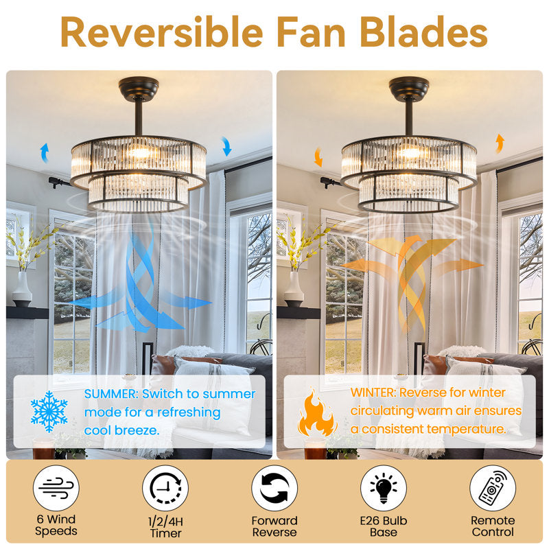 20-inch Mid-Century Crystal Chandelier Ceiling Fan with Light Kit and Remote Control Included