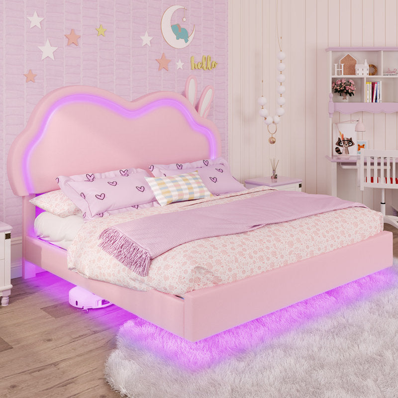 Cadre de lit flottant Zoomie Kids avec tête de lit LED réglable et revêtement en cuir, rose (taille standard)