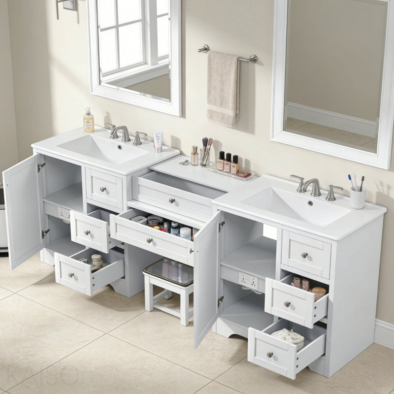 Large 84" Transitional Double Vanity with Storage - White (Mirror Not Included) Set of 2