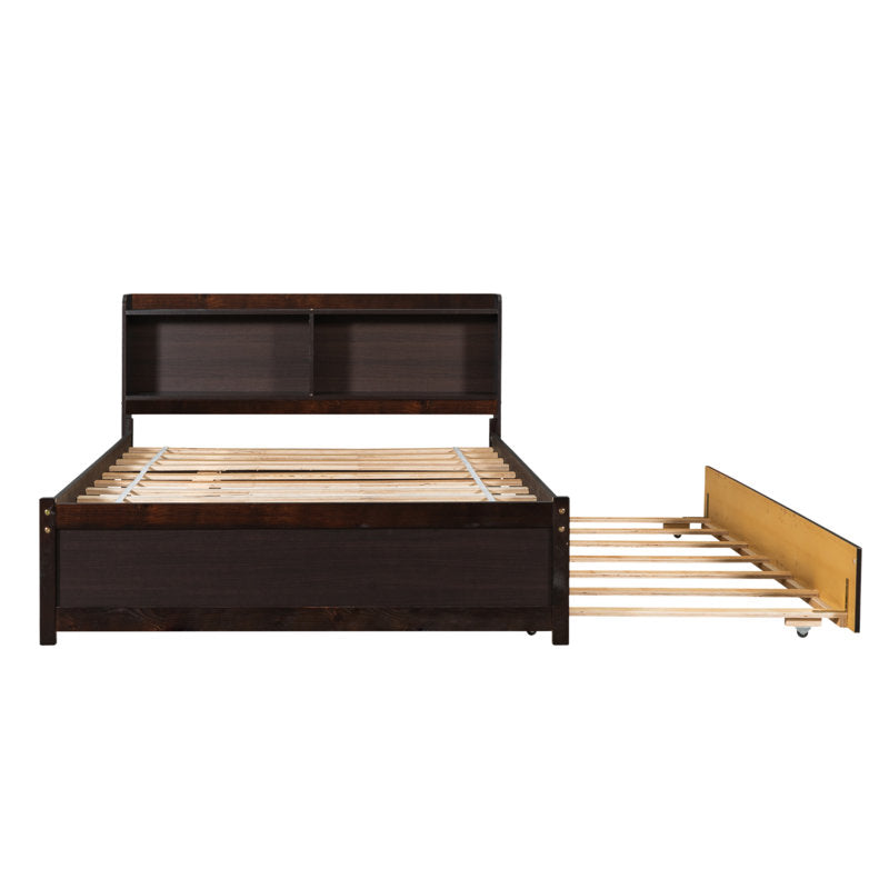 Wooden Bed with Trundle Bed and Bookcase