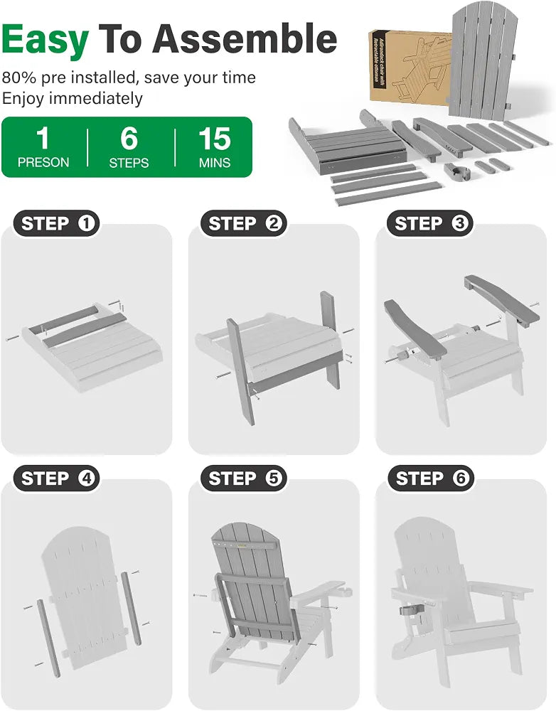 Adjustable Adirondack Chair with Footrest, 5-Level Adjustable Adirondack Chair with Retractable Ottoman & Cup Holder, Folding Adirondacks Chairs Use for Outdoor, Pool and Patio