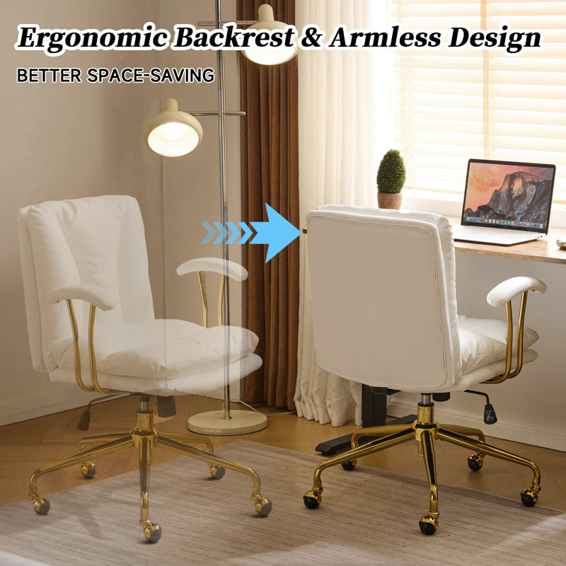 Chaise de bureau pivotante rembourrée en PU de 24 pouces de largeur (blanc et or)