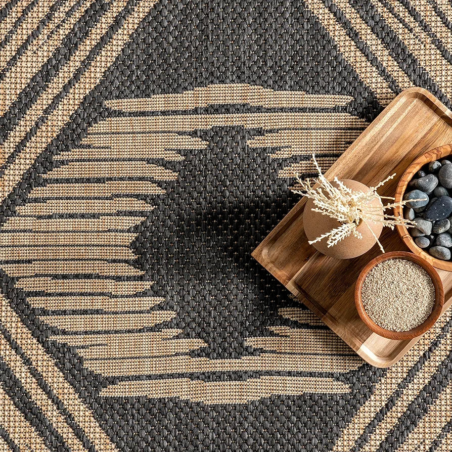 nuLOOM Ranya Tribal Indoor/Outdoor Area Rug for Living Room Patio Deck Front Porch Kitchen, Dark Grey/Ivory 8x10