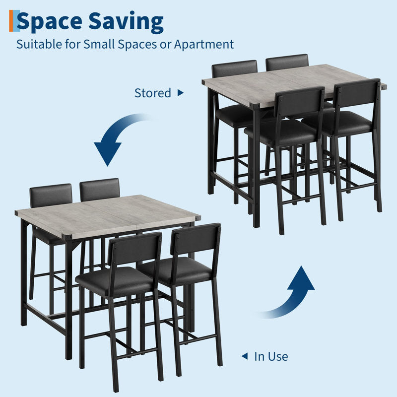Ensemble table et chaises de salle à manger, table haute avec 4 tabourets de bar rembourrés, plateau gris et chaises noires