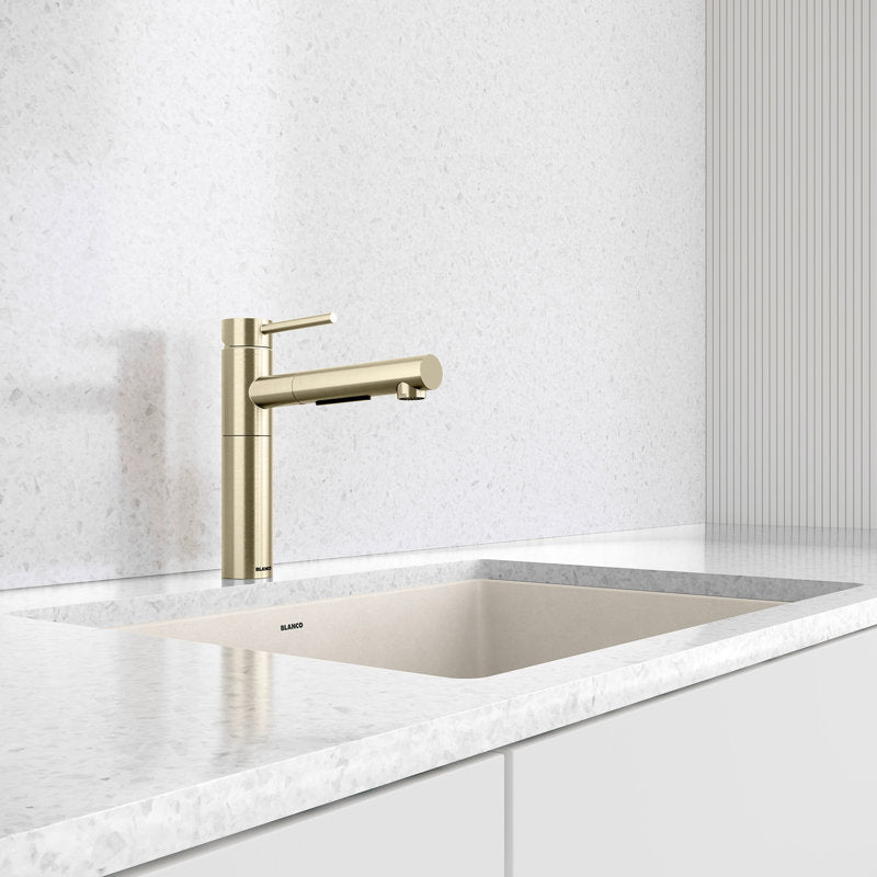Robinet de cuisine rétractable double jet Alta II Low Arc (boîte ouverte légèrement rayée) Or satiné