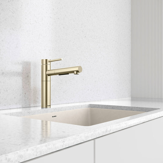 Robinet de cuisine rétractable double jet Alta II Low Arc (boîte ouverte légèrement rayée) Or satiné