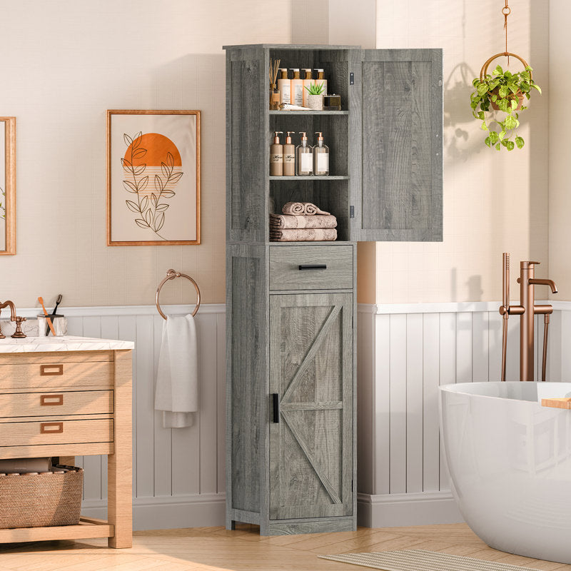 Armoire de salle de bain grise haute avec 4 étagères, 2 portes et 1 tiroir