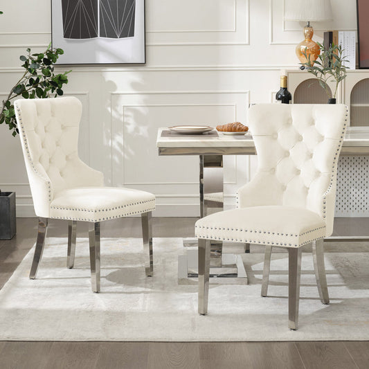 Fauteuil Parsons à oreilles capitonné en velours beige et blanc