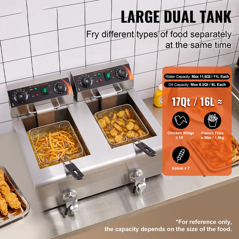 Friteuse électrique VEVOR 24L, avec minuterie et filtration d'huile, deux paniers amovibles et couvercle inclus