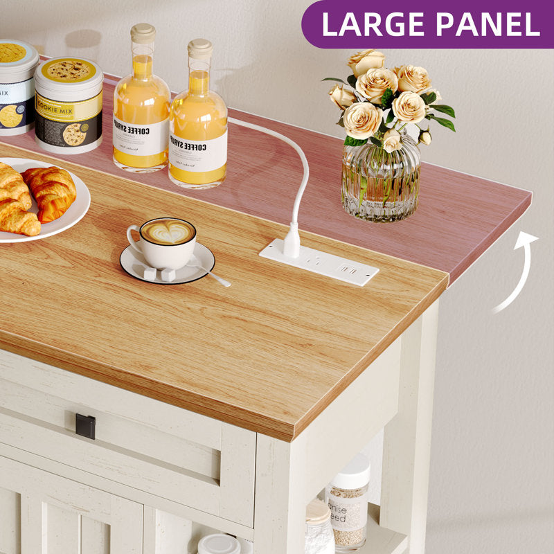 Brianny Rolling Kitchen Cart Island with Foldable Tabletop 2 Drawers and Power Outlet off white
