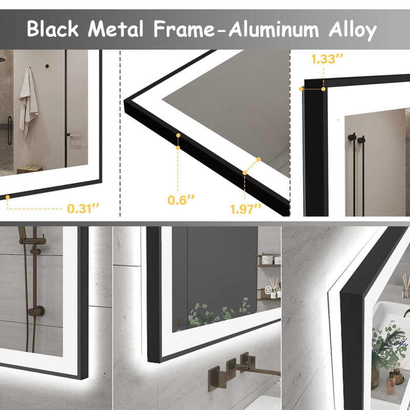 Miroir de salle de bain/coiffeuse Aevar Space en verre trempé antibuée, cadre en aluminium spatial, éclairage LED avant et arrière, 44 x 36 pouces