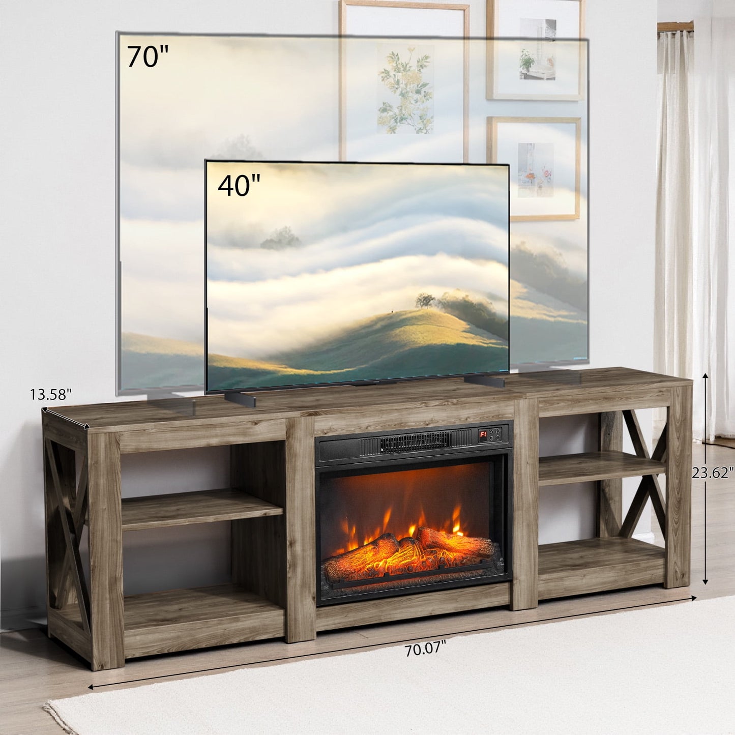 Meuble TV et centre multimédia Bullock couleur marron rustique pour téléviseur de 70 pouces (cheminée non incluse).