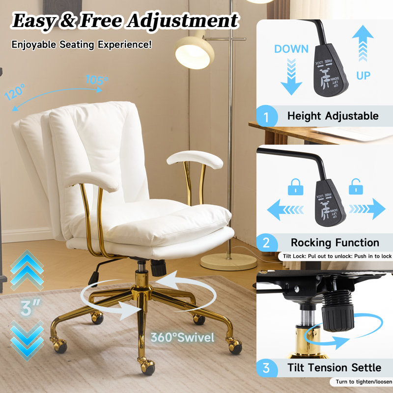 Chaise de bureau pivotante rembourrée en PU de 24 pouces de largeur (blanc et or)