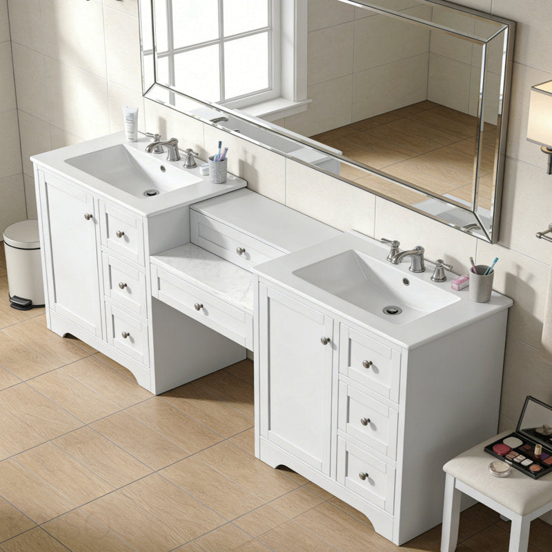 Large 84" Transitional Double Vanity with Storage - White (Mirror Not Included) Set of 2
