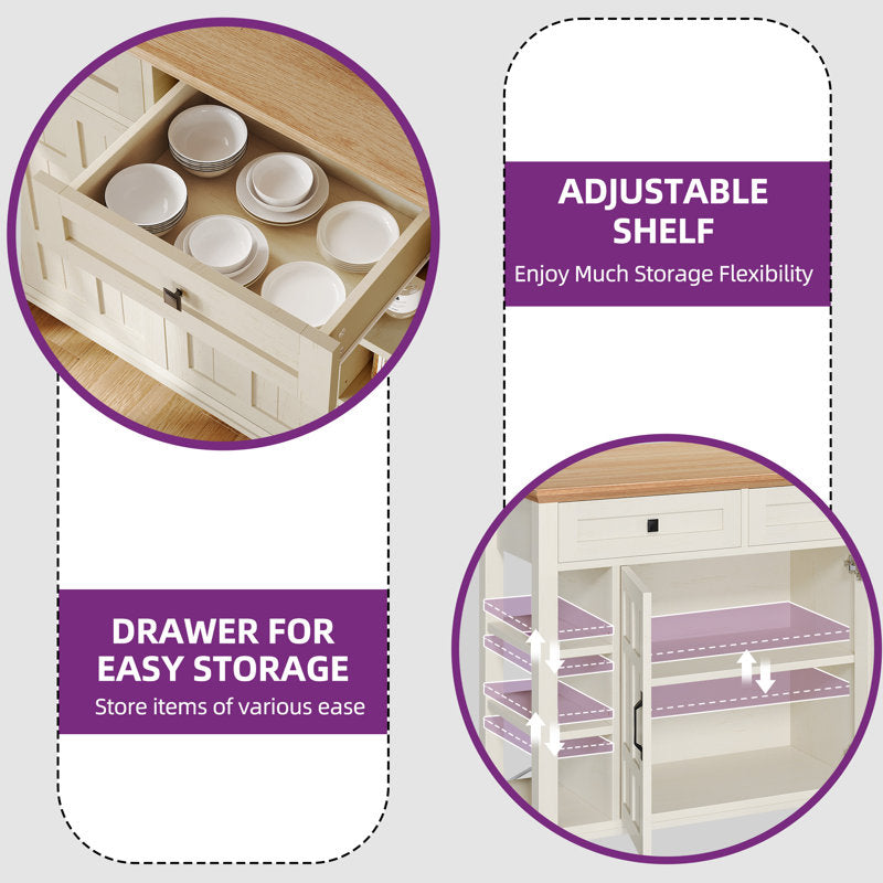 Brianny Rolling Kitchen Cart Island with Foldable Tabletop 2 Drawers and Power Outlet off white