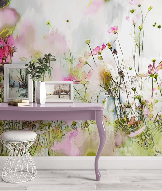 Cosmos Flowers on Cool Tone Floral Wallpaper 50x75