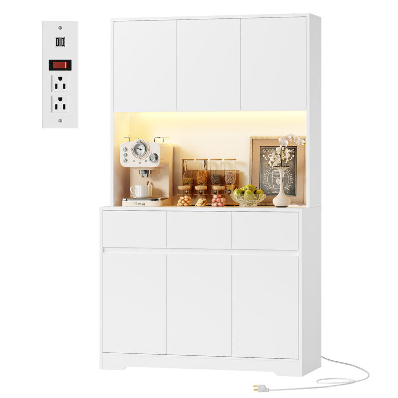 Armoire de cuisine Aybike de 180 cm de haut avec station de charge et éclairage LED, garde-manger autoportant avec 4 placards, 3 tiroirs et étagère pour micro-ondes, rangement de type vaisselier, étagères réglables