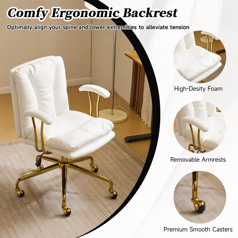 Chaise de bureau pivotante rembourrée en PU de 24 pouces de largeur (blanc et or)
