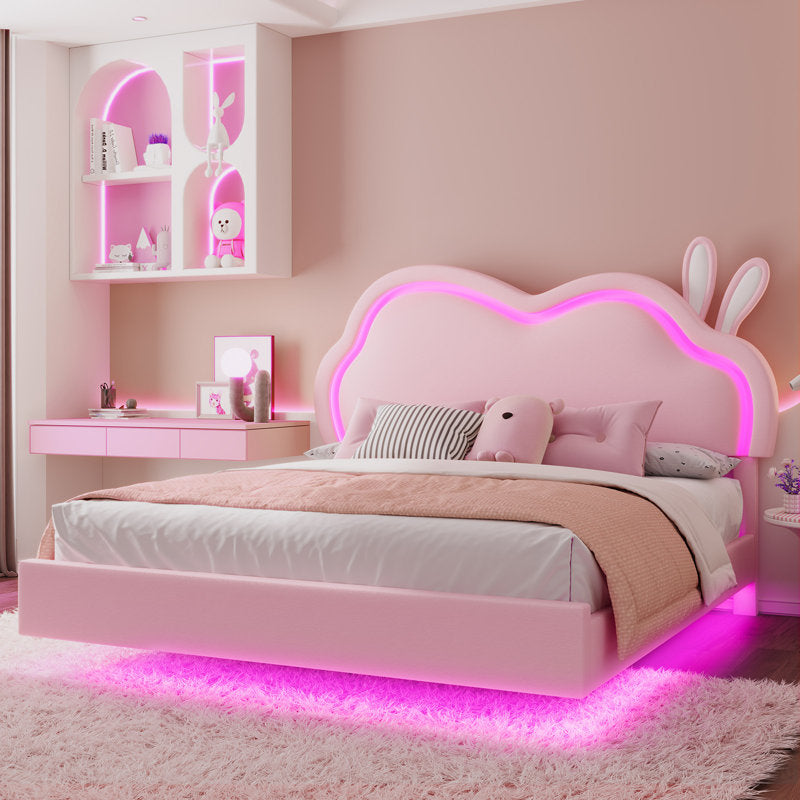 Cadre de lit flottant Zoomie Kids avec tête de lit LED réglable et revêtement en cuir, rose (taille standard)