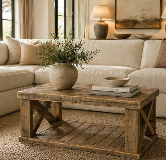 Mercantile solid wood coffee table with shelf