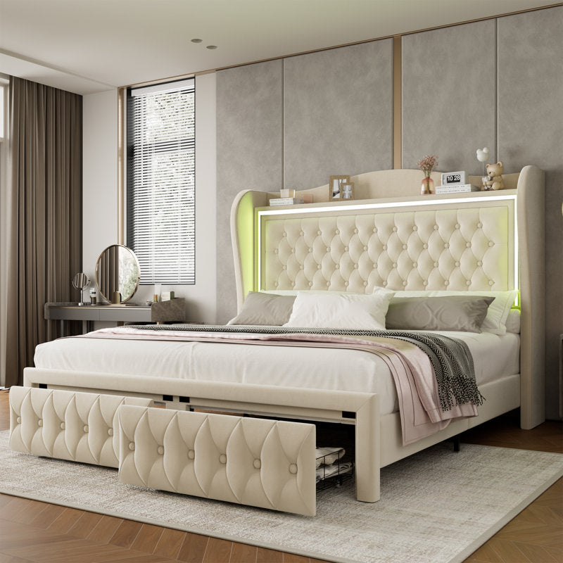 Lit plateforme Kaliya Queen en velours capitonné : tête de lit à oreilles avec éclairage LED et 2 tiroirs de rangement, cadre en bois massif, blanc king size