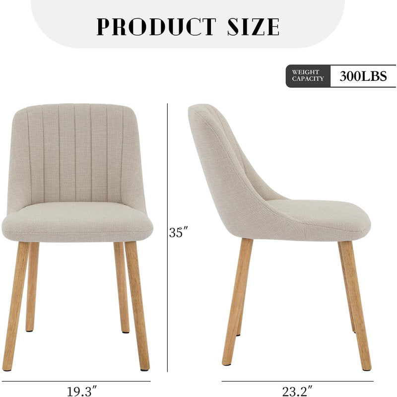 Set of 2 dining chairs, modern fabric upholstered kitchen accent chairs, curved back dining chairs with oak legs, armless dining chair for dining room (beige)