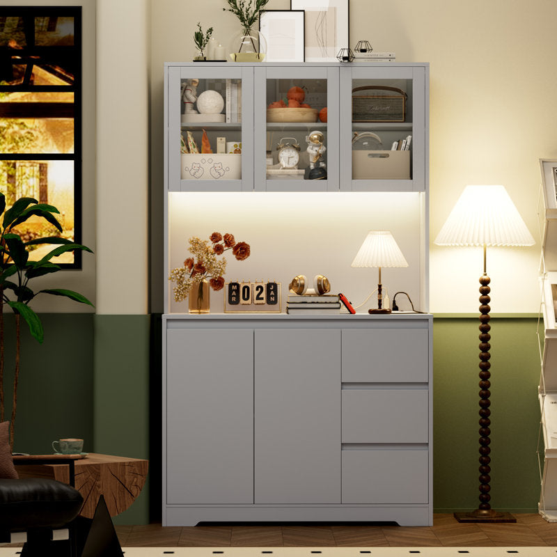Garde-manger Satavia 70,9 po avec éclairage LED, station de recharge et étagère pour micro-ondes, gris