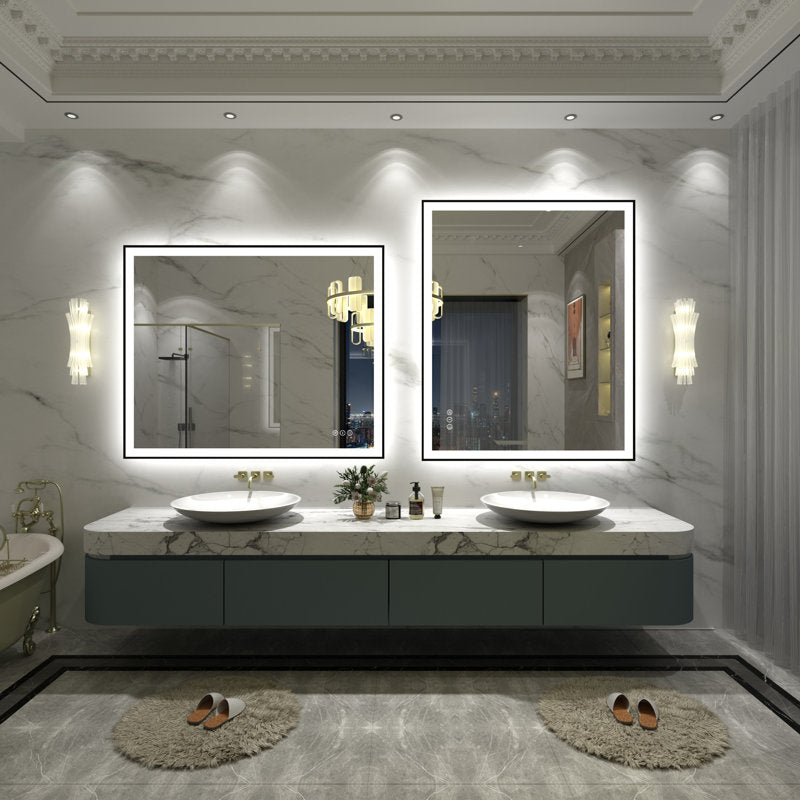 Miroir de salle de bain/coiffeuse Aevar Space en verre trempé antibuée, cadre en aluminium spatial, éclairage LED avant et arrière, 44 x 36 pouces