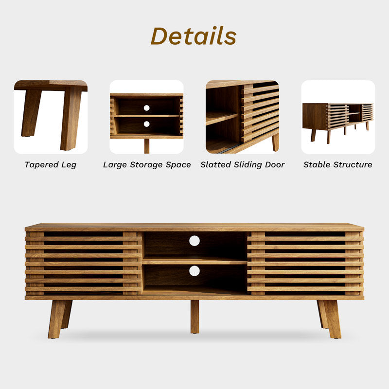 Meuble TV Caistor 59" pour téléviseurs jusqu'à 65", centre de divertissement moderne du milieu du siècle avec étagères, bois brun foncé