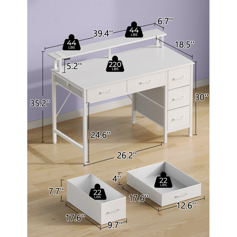 Bureau d'ordinateur Linze avec étagère pour écran, éclairage LED RGB, ports USB et tiroirs (blanc)