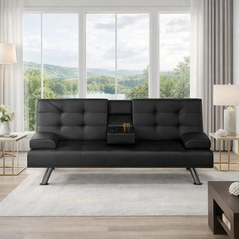 66-inch Convertible Sofa Bed with Click-Clack Cup Holder, Compact Polyurethane Leather Futon for Small Spaces