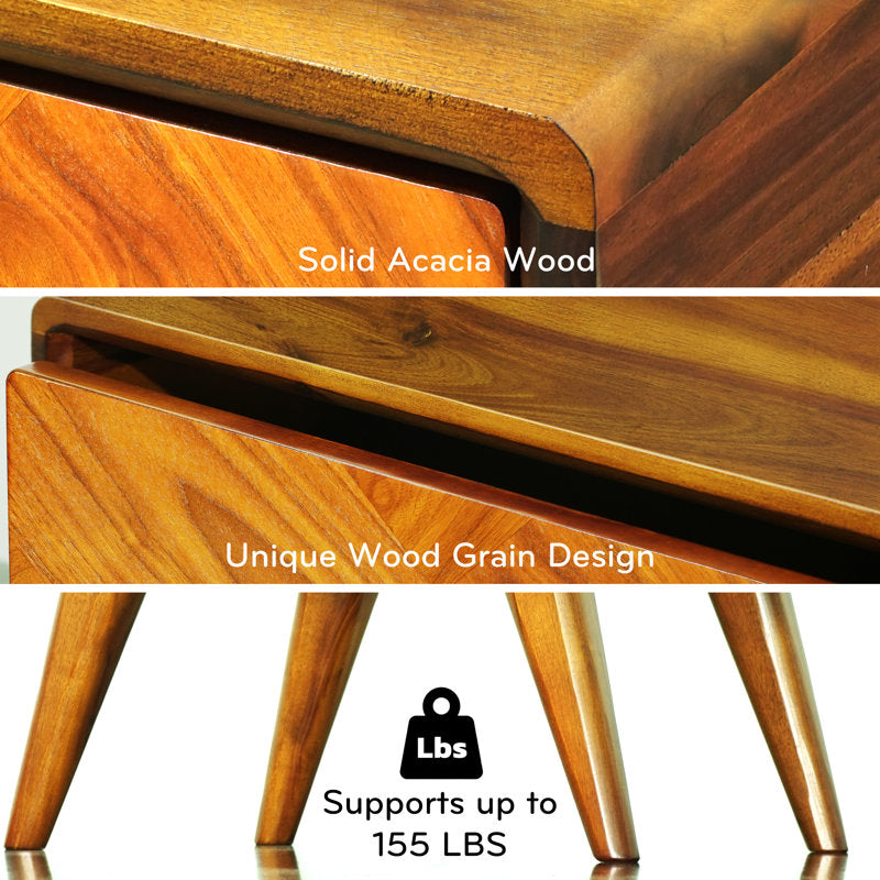 Laden solid acacia wood bedside table, bedside table with drawer and open shelf, Mid-Century Art Deco style end table