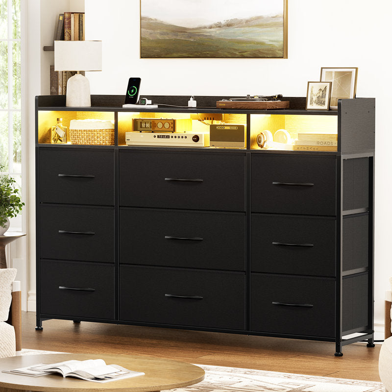 Commode Cheo à 9 tiroirs avec étagère ouverte à 2 niveaux, prise électrique et éclairage LED, commode de 43 pouces de largeur pour chambre à coucher (NOIR)